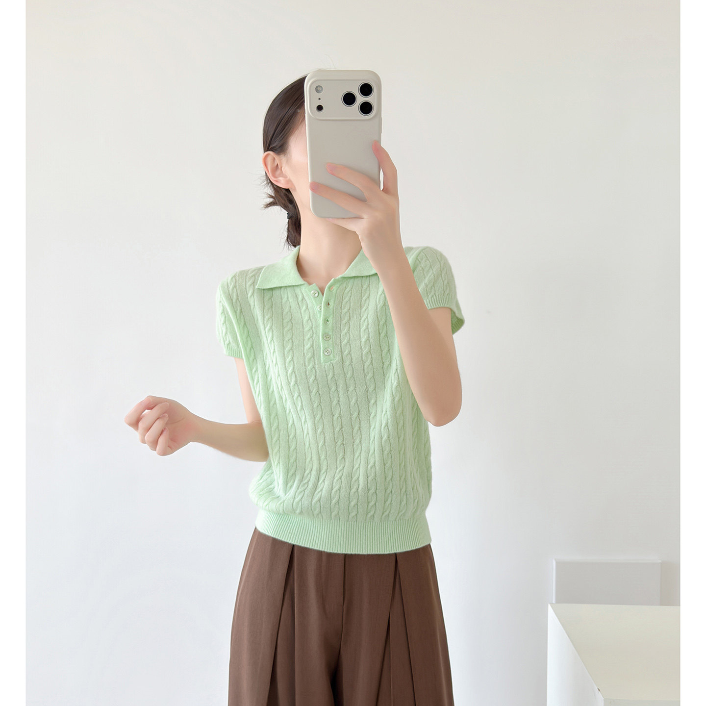 短袖POLO领针织衫女款2026新款显瘦麻花软糯纯羊毛翻领打底衫上衣