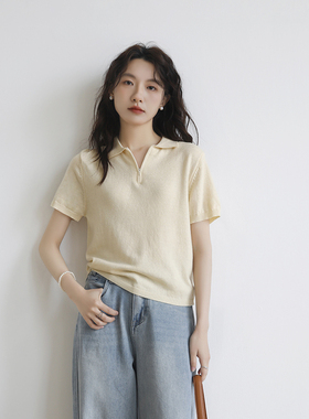 浅黄色polo领短袖针织衫T恤女夏季薄款韩系正肩小翻领半拉链上衣