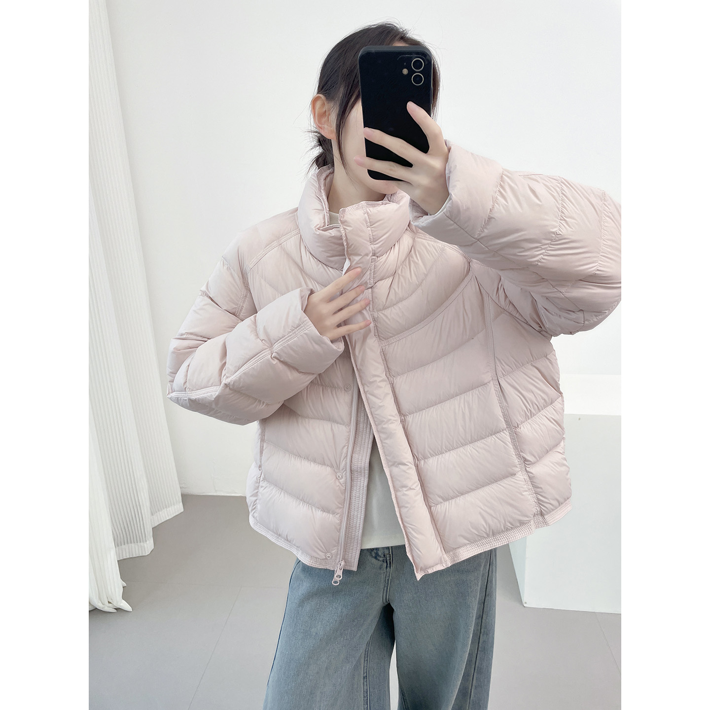 粉色小立领排骨羽绒服女短款轻薄2025新款冬季小个子90白鸭绒外套