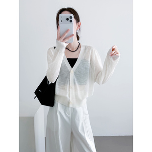白色短款V领亚麻针织开衫女轻薄微透上衣外搭披肩冰丝凉感防晒衫