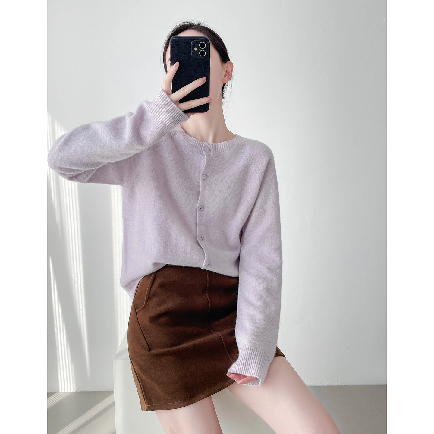 羊毛羊绒百搭圆领纯色针织开衫女