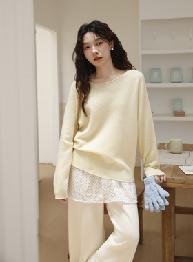 浅黄色一字领山羊绒打底衫女秋冬毛衣慵懒风高级感低领羊毛针织衫