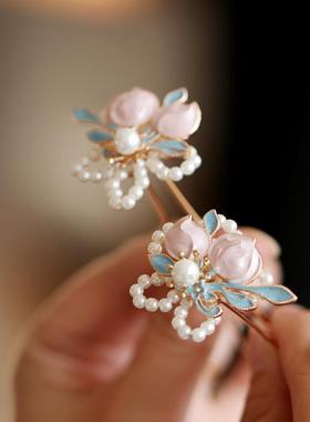 粉蓝色发簪发饰古典中式精致小花簪点缀旗袍头饰国风汉服发饰发钗