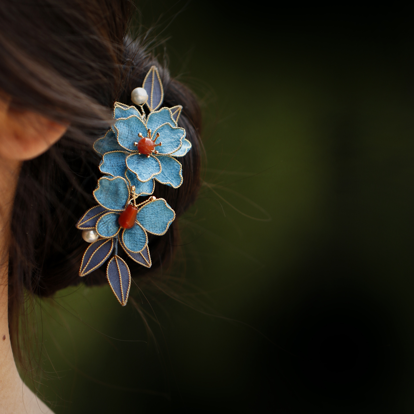 清汉女头饰手工蓝色布绒花朵发夹