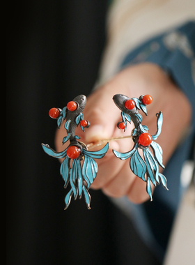 发簪国风发钗发饰锦鲤景泰蓝红色古董风头饰蓝色旗袍古代头面