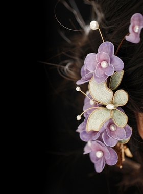 蝴蝶古风紫色花朵发饰边夹头饰汉服后压配饰紫罗兰中式旗袍发夹