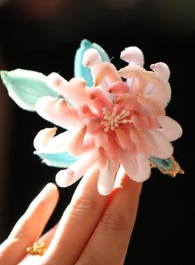 粉蓝色摄影写真春天古风发夹新中式古典发饰品旗袍仿绒花唐风汉服