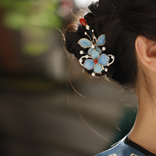 新中式古风蝴蝶发夹女蓝色掐丝布绒花朵发钗汉服盘发发饰小众设计