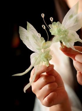 小绿色古风原创设计手工制作汉服发饰蝴蝶烫花发夹子汉服头饰仙气
