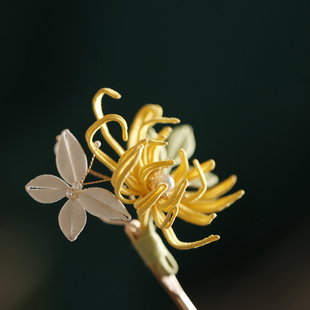 秋韵手工缠花蝴蝶金丝菊发簪新中式古风头饰旗袍汉服配饰簪子黄色