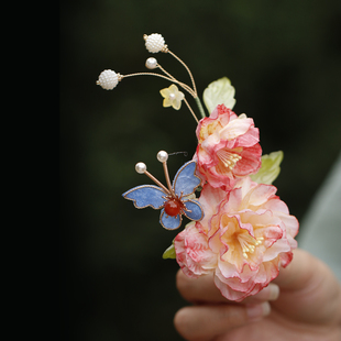 蝴蝶牡丹发夹 唐风粉色汉服发饰头饰公主发夹夹子明艳 簪花学士帽