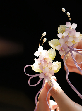 魅力紫色绣球花超仙发夹边夹侧边蝴蝶结古风汉服唐风宋制儿童头饰