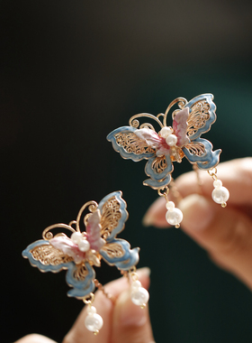 超仙粉蓝色蝴蝶流苏发簪点缀宋制汉服配饰旗袍精致国风发钗百搭女