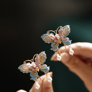 超仙粉蓝色蝴蝶流苏发簪点缀宋制汉服配饰旗袍精致国风发钗百搭女