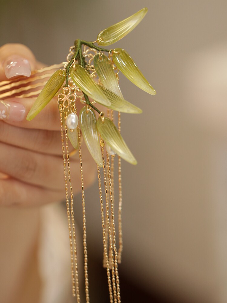 发簪日常盘发 竹叶簪汉服边夹仙美古代丸子头头饰 流苏小女孩发饰