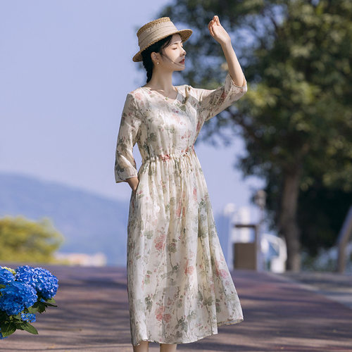 新中式棉麻女装苎麻连衣裙2026春夏新款V领国风复古改良旗袍批发