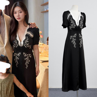 [现货]朱珠同款黑色修身长款连衣裙女夏轻奢时尚重工刺绣钉珠裙子