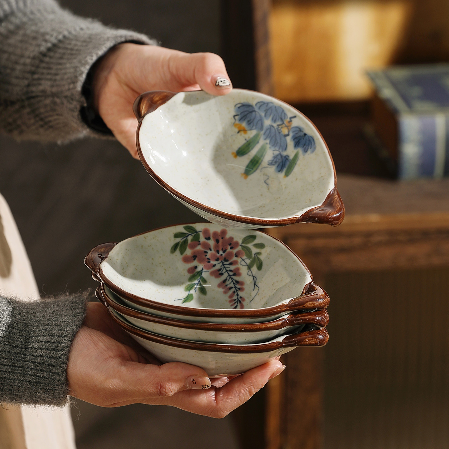 舍里中式复古陶瓷碟子家用蘸料碟双耳调料碟小菜碟火锅烤肉调味碟