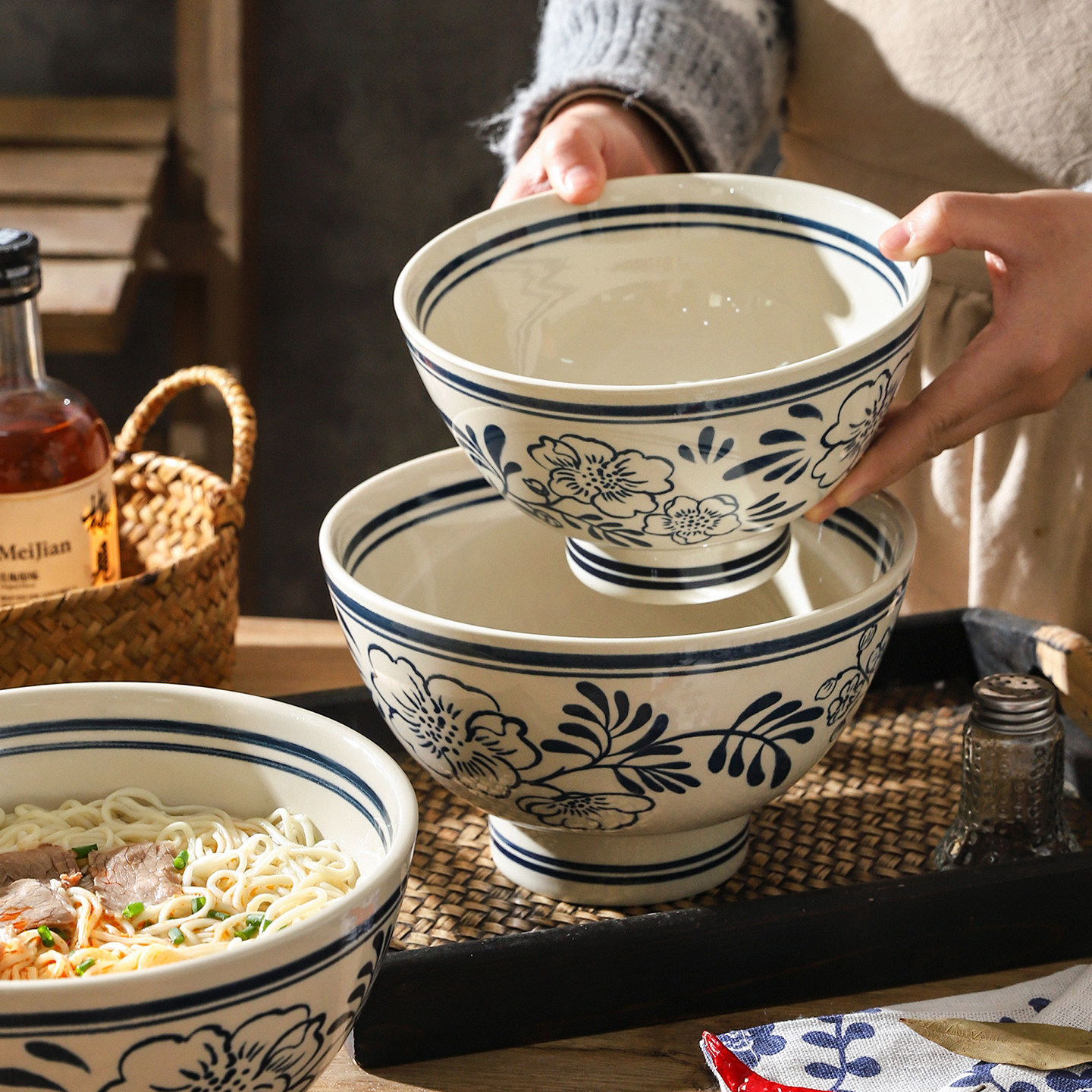 舍里复古青花陶瓷面碗家用大容量汤碗拉面碗釉下彩螺蛳粉碗沙拉碗,餐饮具,碗,淘宝优惠券,粉丝福利购,淘宝优惠卷