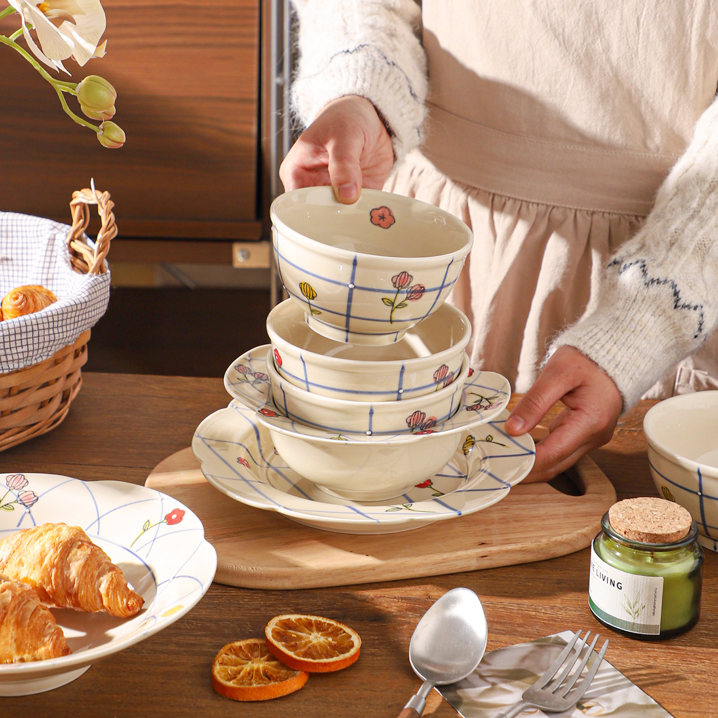 舍里法式花朵陶瓷碗碟套装家用碗盘餐具釉下彩米饭碗炒菜盘鱼盘子,餐饮具,碗,淘宝优惠券,粉丝福利购,淘宝优惠卷