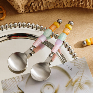 舍里彩珠304不锈钢西餐勺家用创意甜品勺轻奢餐具长柄水果勺调羹