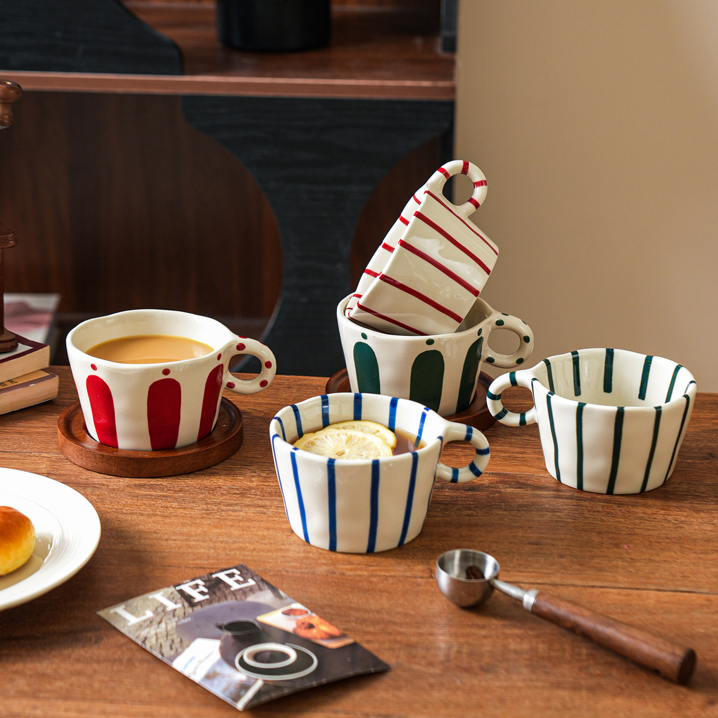 舍里复古条纹马克杯家用陶瓷咖啡杯办公室水杯情侣对杯拉花专用杯