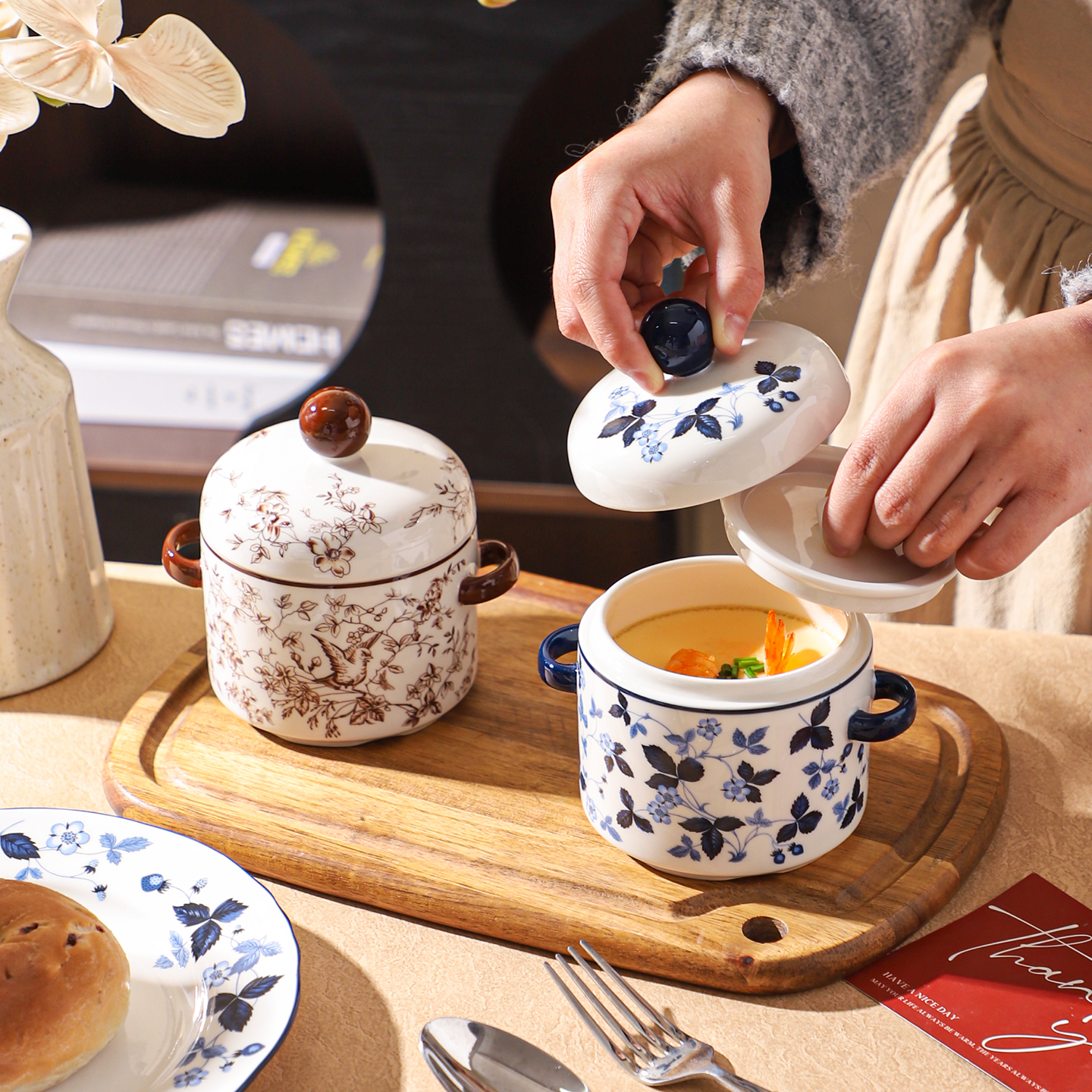 舍里法式复古双耳炖盅双盖陶瓷汤盅家用带盖隔水炖蒸蛋碗煲汤炖罐