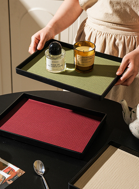 舍里轻奢玄关收纳盘长方形皮革茶盘香薰托盘家用客厅杯子收纳摆件