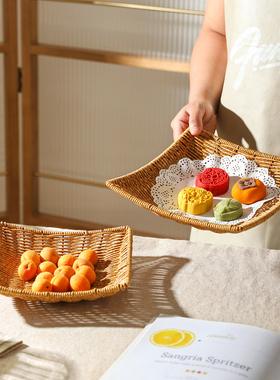 舍里复古仿藤编茶点篮点心盘茶台水果盘餐厅茶几家用零食盘小吃盘