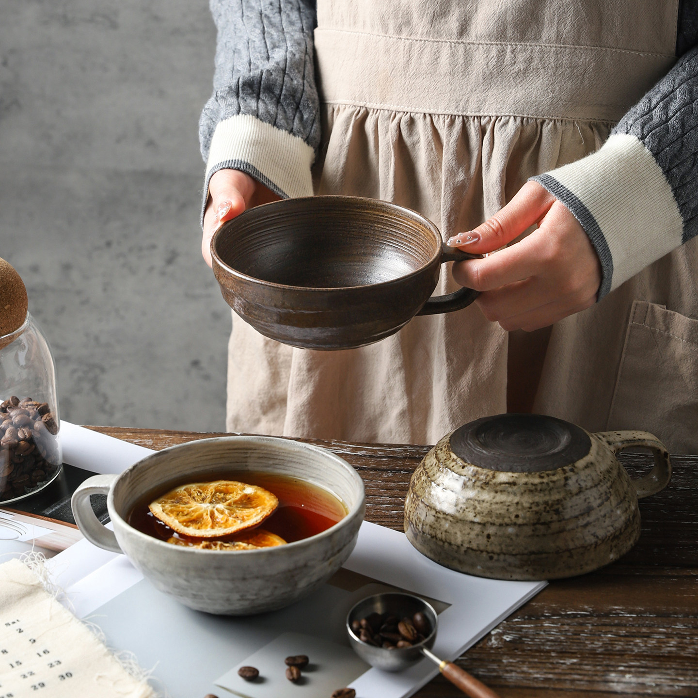 舍里复古陶瓷马克杯粗陶咖啡杯釉下彩喝水杯大容量早餐杯甜品杯