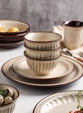 舍里美式复古碗碟套装家用创意饭碗平盘菜盘子欧式陶瓷西餐盘餐具