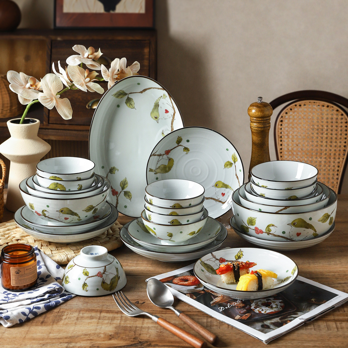 舍里中式花鸟陶瓷米饭碗家用碗碟套装高级感餐盘意面盘吃饭碗菜盘,餐饮具,碗,淘宝优惠券,粉丝福利购,淘宝优惠卷