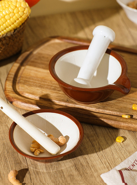 舍里陶瓷研磨碗婴儿辅食捣碎器捣蒜泥研磨器石臼磨米糊碗配研磨棒