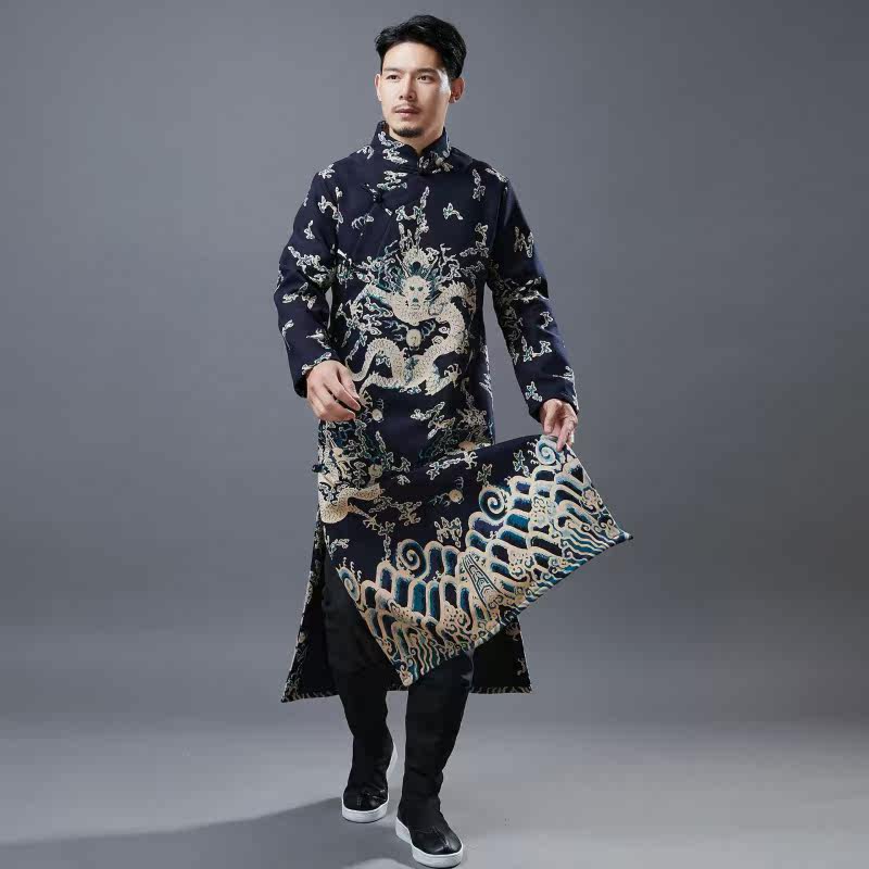 WINTER DRAGON PATTERN THICKENED ROBE CHINESE TANG STYLE MENS REPUBLIC OF CHINA STYLE MENS CHEONGSAM ANCIENT COSTUMES VELVET WARM ROBES