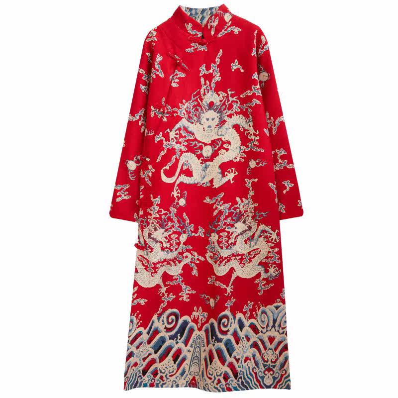 WINTER DRAGON PATTERN THICKENED ROBE CHINESE TANG STYLE MENS REPUBLIC OF CHINA STYLE MENS CHEONGSAM ANCIENT COSTUMES VELVET WARM ROBES