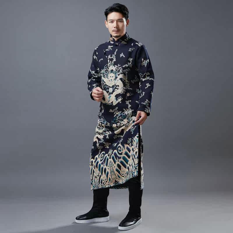 WINTER DRAGON PATTERN THICKENED ROBE CHINESE TANG STYLE MENS REPUBLIC OF CHINA STYLE MENS CHEONGSAM ANCIENT COSTUMES VELVET WARM ROBES