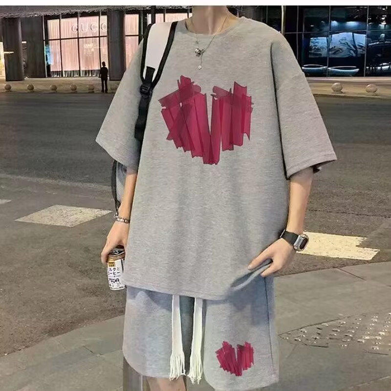 夏季华夫格套装男士短袖T恤休闲短裤一套青少年穿搭运动搭配宽松