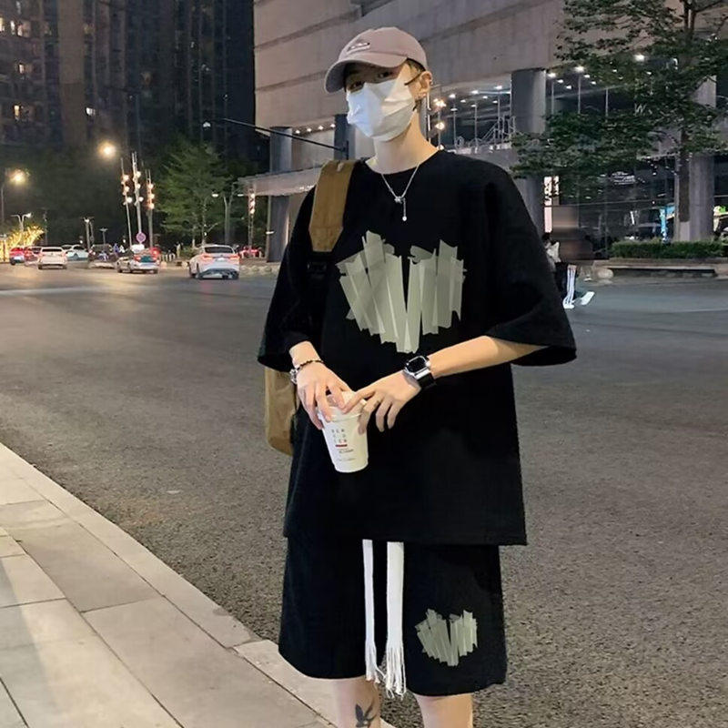 专柜撤回清仓捡漏休闲运动套装男士华夫格短袖冰丝薄款T恤两件套