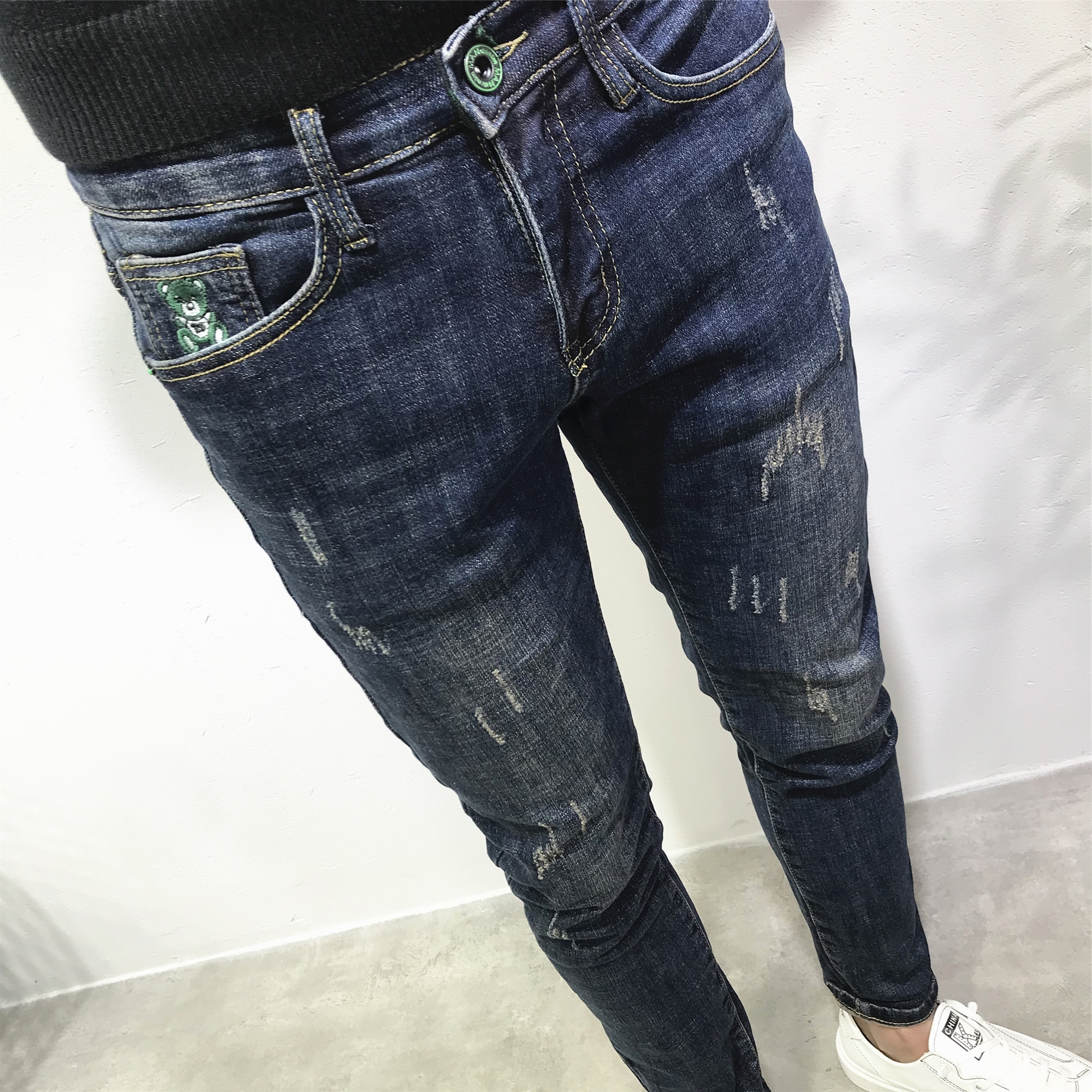 牛仔裤男修身小脚长裤韩版潮流个性抓痕深蓝百搭春季新款社会紧身