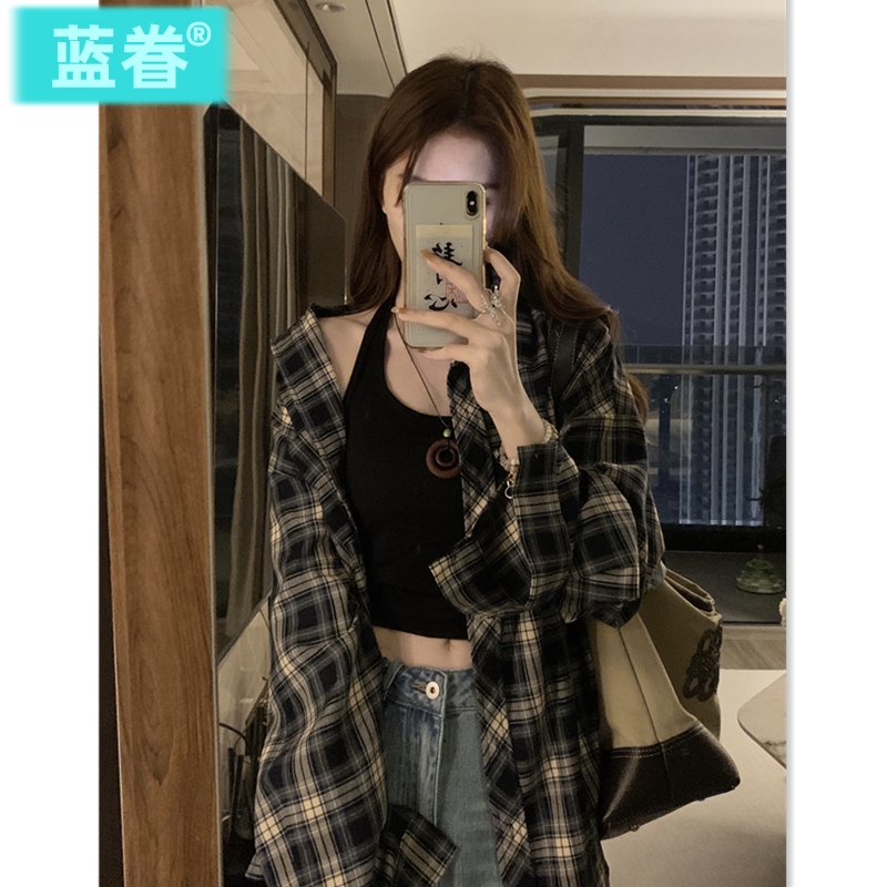 法式格子纯棉长袖衬衫女夏季薄款外搭防晒衬衣高级感春秋上衣外套