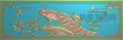 祥云太阳牡丹花鸟精雕图灰度浮雕图新款孔雀牡丹大背板横929x302