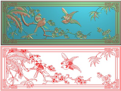 梅花鸟精雕图灰度图竹子浮雕图精品梅花花鸟沙发床中背板738x274