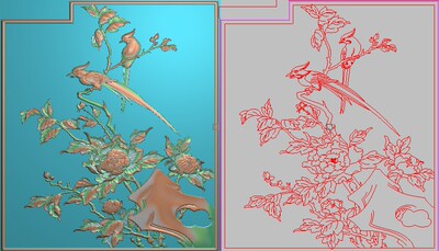 精雕图灰度浮雕图精品牡丹花鸟凤凰沙发背板边板门板350x405新款