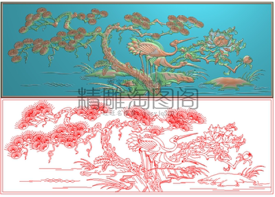 精雕图花鸟沙发靠背灰度图浮雕图精品牡丹花松鹤背板后板832x293