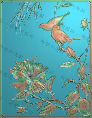 新款檀雕花鸟精雕图灰度图浮雕图精品喇叭花双鸟背板门板341x440