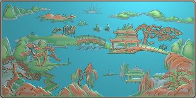 山水精雕图灰度浮雕图精品凉亭拱桥帆船松柳山水背板606x306新款