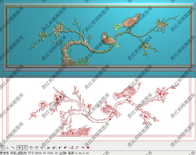 简单花鸟精雕图双喜鹊浮雕图精品梅花花鸟背板横632x241新款檀雕