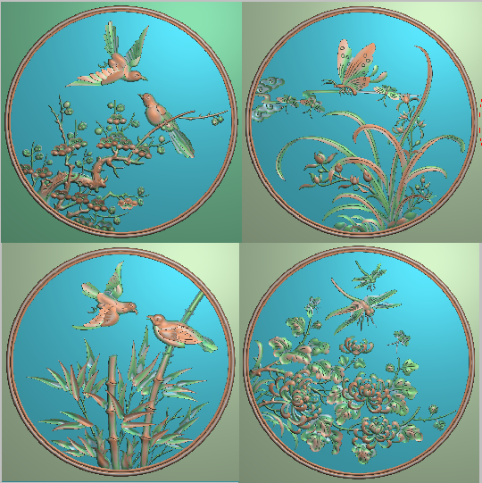 新款圆梅兰竹菊花鸟精雕图四季花门板浮雕木雕石雕蝴蝶蜻蜓四君子