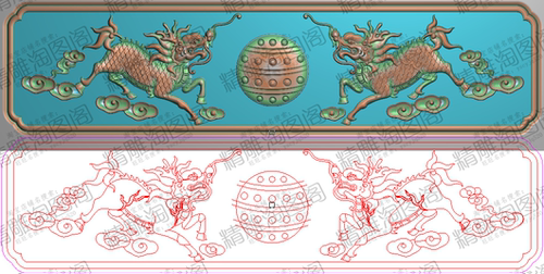 新款精雕图灰度图双麒麟戏球祥云围板挡板横板扶手下花侧板333x84