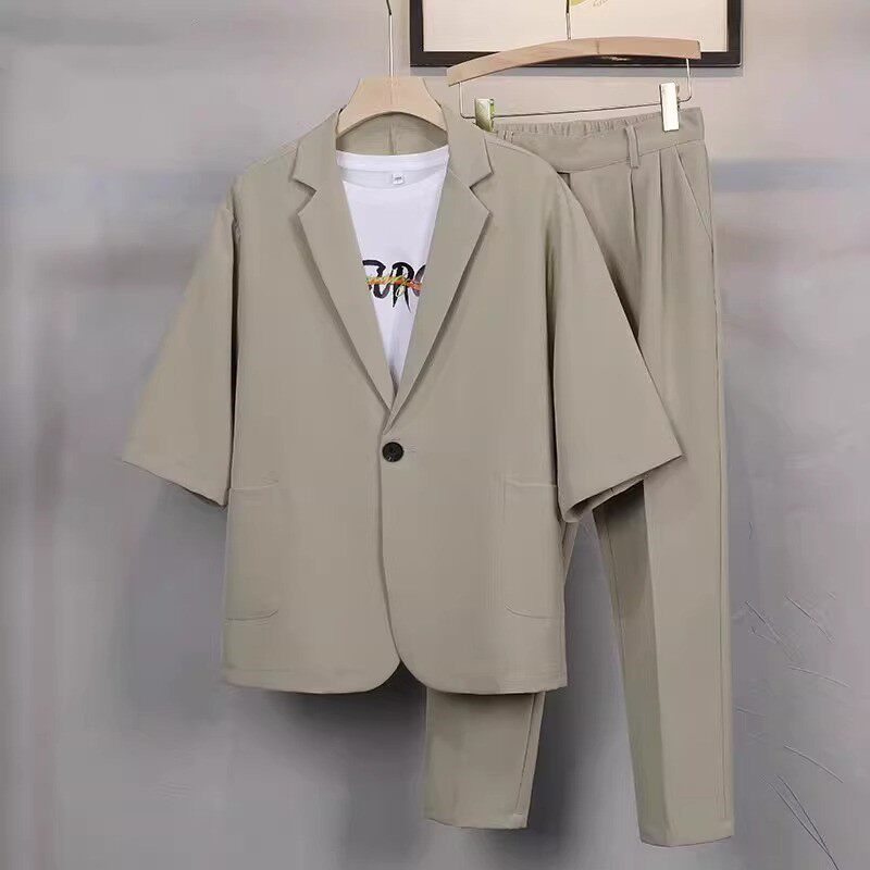 夏季休闲男士西服七分短袖痞帅潮时尚套装